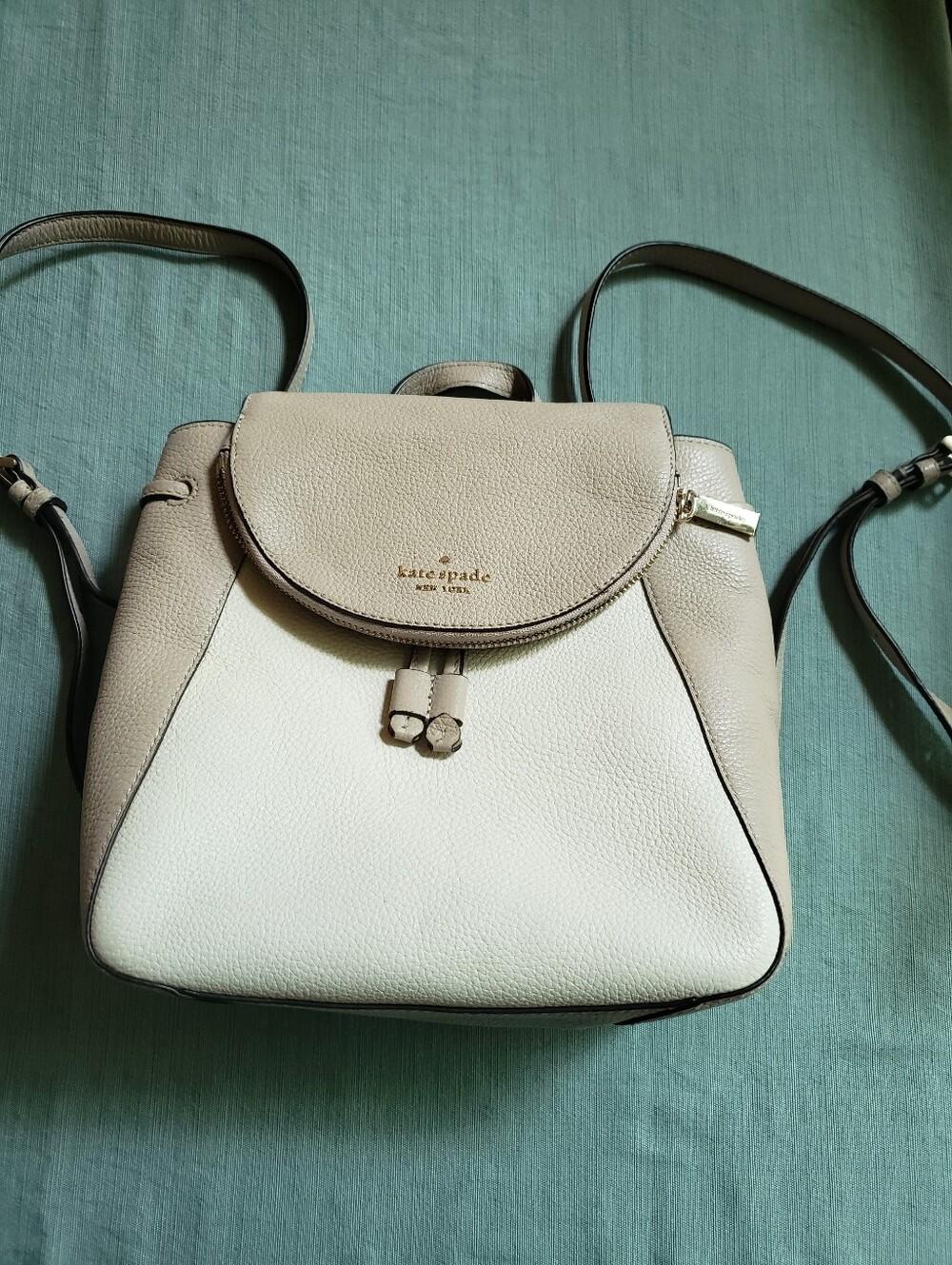 Kate Spade Leila  Medium Flap Leather Backpack - Warm Beige and Off White
